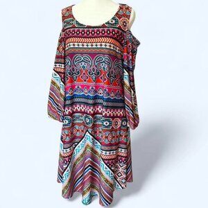 Women's 90s multi color print cold shoulder midi dress. Size Medium